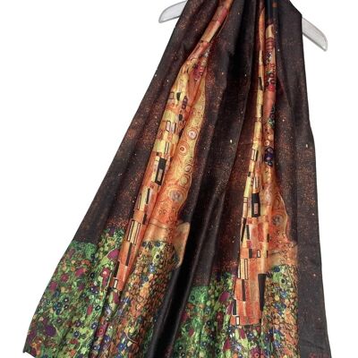 Foulard en soie mélangée à imprimé peinture "Le Baiser" de Klimt - Marron