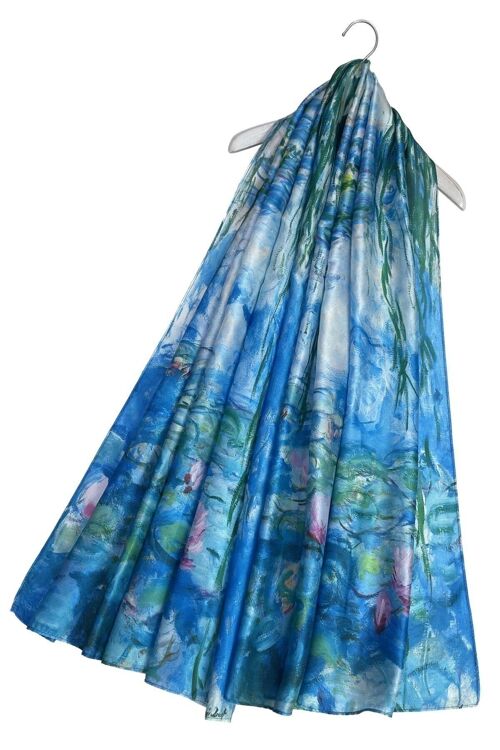 Monet Water Lilies Oil Painting Print Silk Scarf - Blue