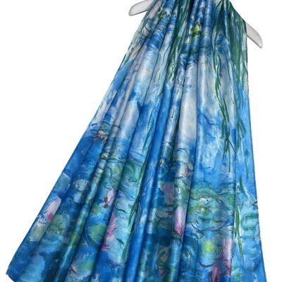 Pañuelo de seda con estampado de pintura al óleo de nenúfares de Monet - Azul