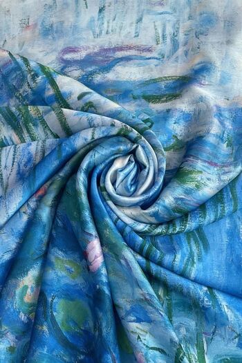 Foulard en Soie Imprimé Peinture à l'Huile Nymphéas Monet - Bleu 2