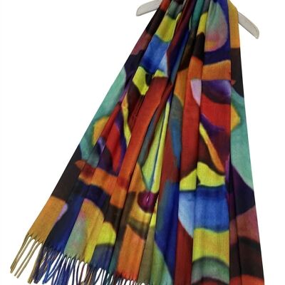 Bufanda de borla de lana con estampado de rostro abstracto brillante impresionista de arte - Multicolor