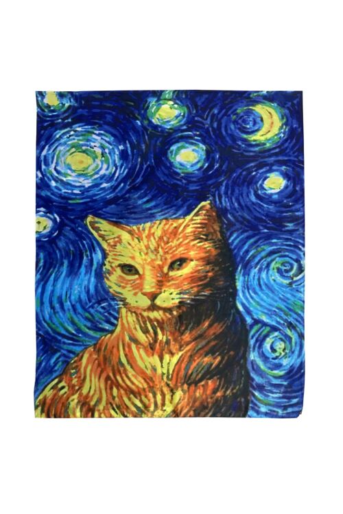 Impressionist Style Starry Night Cat Print Silk Scarf - Blue