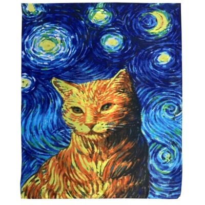 Impressionist Style Starry Night Cat Print Silk Scarf - Blue