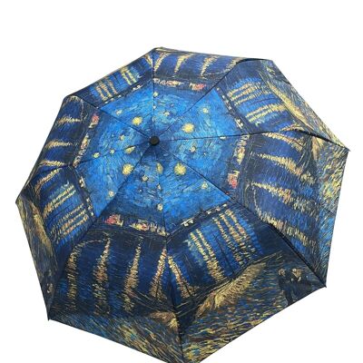 Regenschirm mit „Van Gogh Sternennacht über der Rhone“-Aufdruck (kurz) – Schwarz