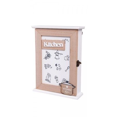 Wooden key holder in white and beige with a kitchen theme.  Dimensions: 25x19x6cm