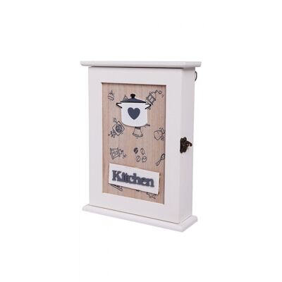 Wooden key holder in white and beige with a kitchen theme.  Dimensions: 25x19x6cm