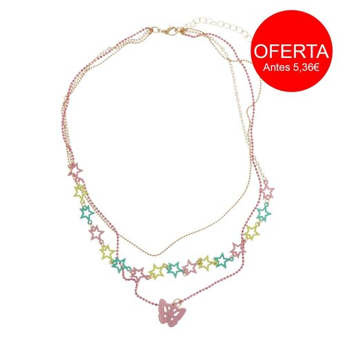 Collar Infantil Cadena Triple - Estrellas y Mariposa - Rosa