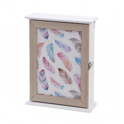 Porte-clés ouvrant en bois blanc et beige avec plumes colorées. Dimensions : 19x26x7cm