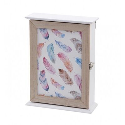 Wooden opening key case in white and beige with colorful feathers.  Dimension: 19x26x7cm