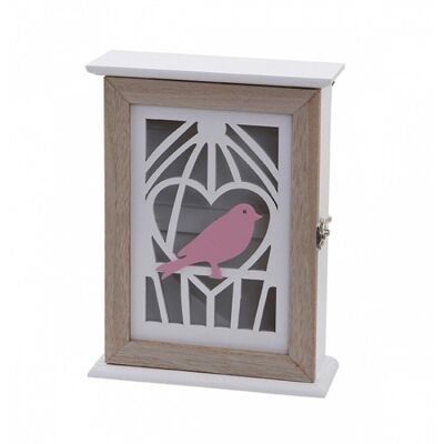 Wooden opening key case in white and  beige and in the center a pink bird.  Dimension: 19x7x26cm