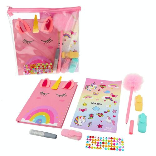 Set Papeleria Infantil de Unicornio - 8 Piezas - Color Rosa