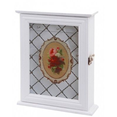 Wooden vintage key holder, white and in the center with a floral design.  Dimension: 22x30x6cm