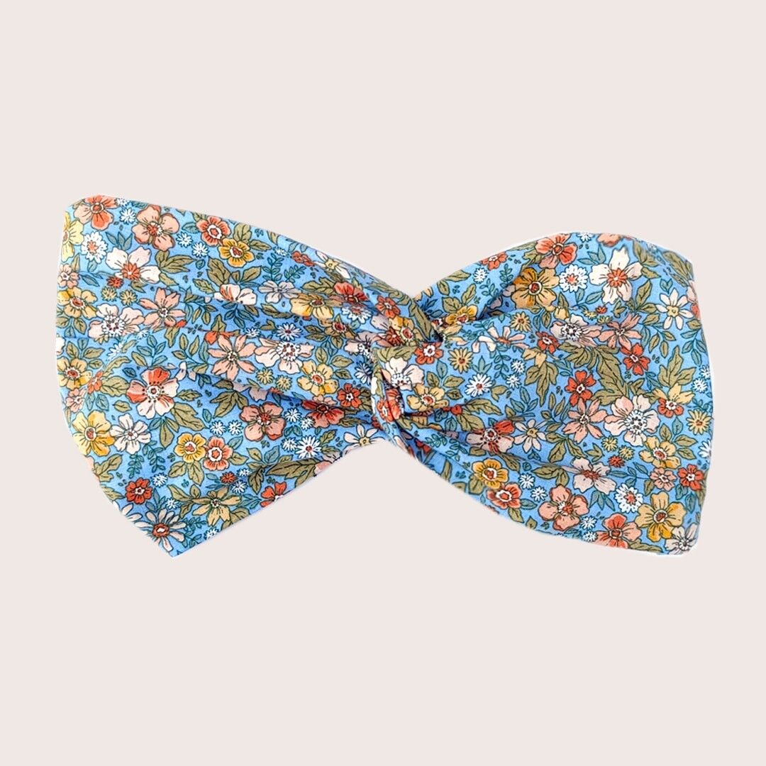 HEADBAND MIRA / coton bleu ciel à fleurs orange et saumon