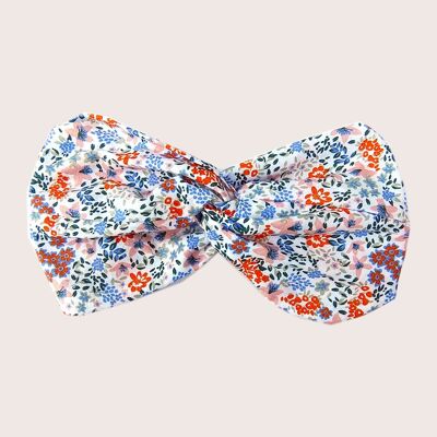 HEADBAND EDNA / coton bio blanc à fleurs orange et bleu