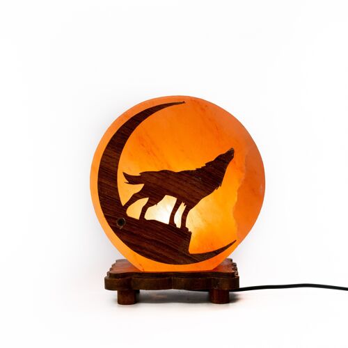 Crafted Himalayan Salt Lamp with Wolf Wood Carving