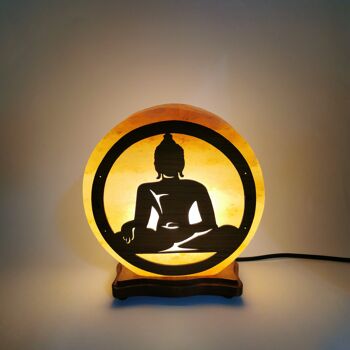 Lampe à sel artisanale de l'Himalaya avec sculpture sur bois de Bouddha
