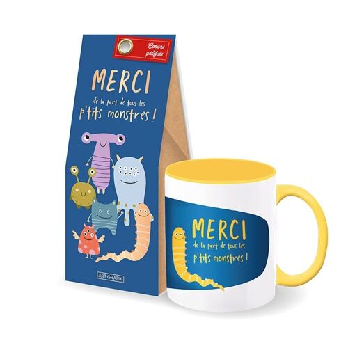 Fin d'année scolaire - Set-cadeau tasse + coeurs gélifiés « Merci Monstres »