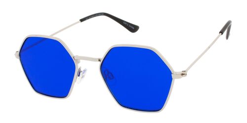 Sunglasses - BEE-Retro Sunglasses in Hexagon shape with Silver frame and Blue lens