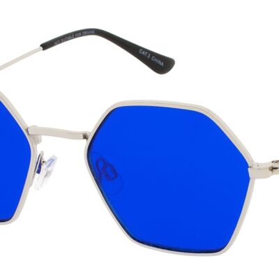 Sonnenbrille - BEE-Retro-Sonnenbrille in Hexagon-Form mit silbernem Rahmen und blauen Gläsern
