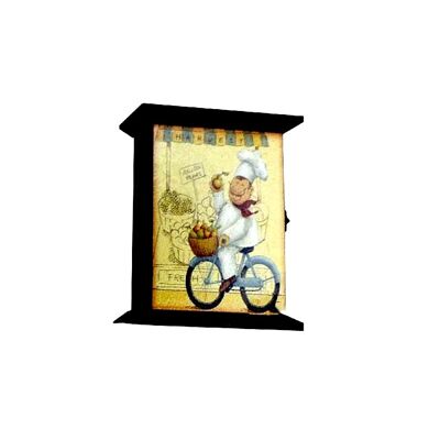 Etui à clés ouvrant en bois avec un personnage central un cuisinier. Dimensions : 17x5x20cm