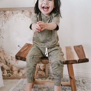 Pantalon / tshirt en lin pour bébé - Olive floral