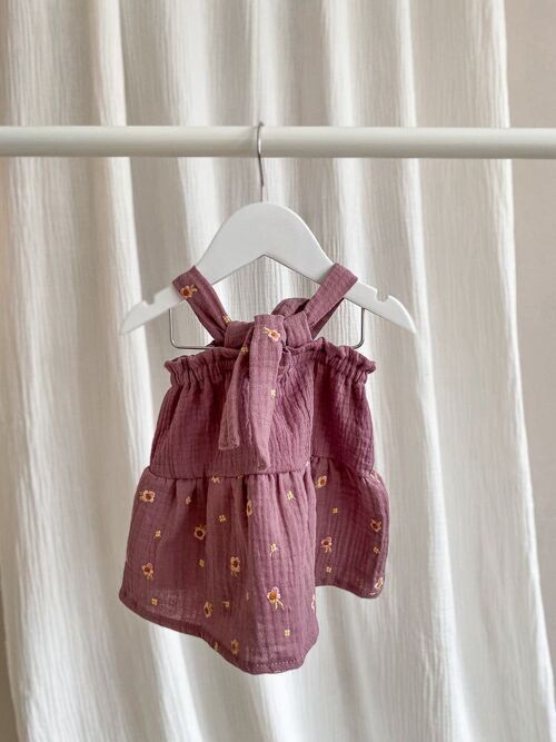 Baby muslin dress / embroidered lilac