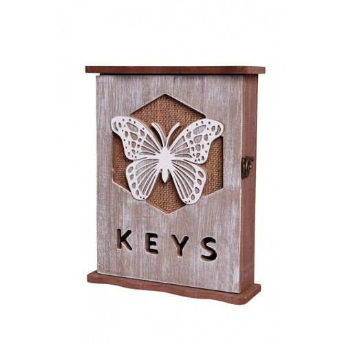 Wooden opening key case with embossed butterfly.  Dimension: 18x6x25cm