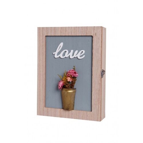 Wooden opening key case with embossed flowerpot.  Dimension: 19x5,5x26cm