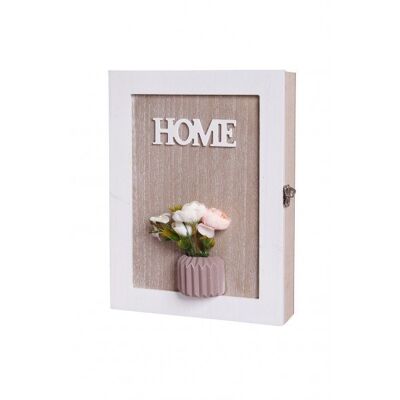 Wooden opening key case with embossed flowerpot.  Dimension: 19x5,5x26cm