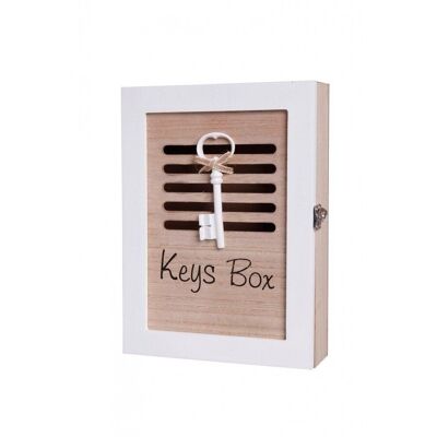 Porte-clés ouvrant en bois avec clé décorative. Dimensions : 19,5 x 5,5 x 26 cm