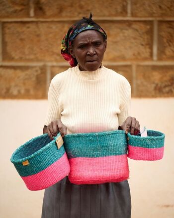 KIKAO : Panier tissé à blocs de couleurs bleu sarcelle et rose vif 6