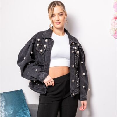 Pearls and studs embellished denim jacket