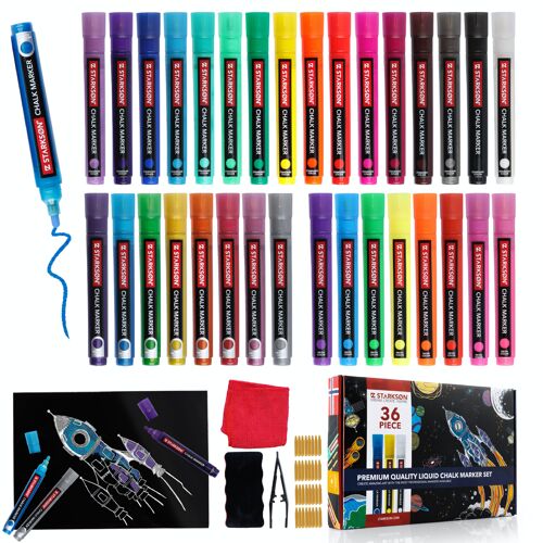 STARKSØN® 36-Piece Window Pens & Chalk Pens Set - Chalk Marker for Chalkboard, Window & Whiteboard - Glass Pens - Chalk Pens for Kids & Adults - Inc. accessories