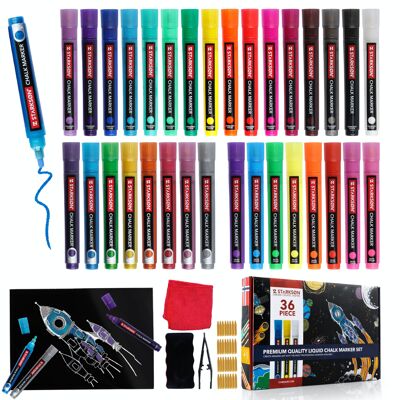 STARKSØN® Ensemble de 36 stylos à craie et stylos à craie pour tableau noir, fenêtre et tableau blanc - Stylos à verre - Stylos à craie pour enfants et adultes - Inc. accessoires