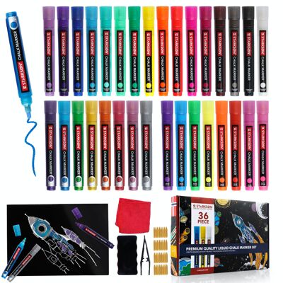 STARKSØN® 36-Piece Window Pens & Chalk Pens Set - Chalk Marker for Chalkboard, Window & Whiteboard - Glass Pens - Chalk Pens for Kids & Adults - Inc. accessories