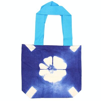 NTDB-05 – Natürliche Batik-Baumwolltasche (8 Unzen) – blaue Blume – blauer Griff – verkauft in 1x Einheit/en pro Außenseite
