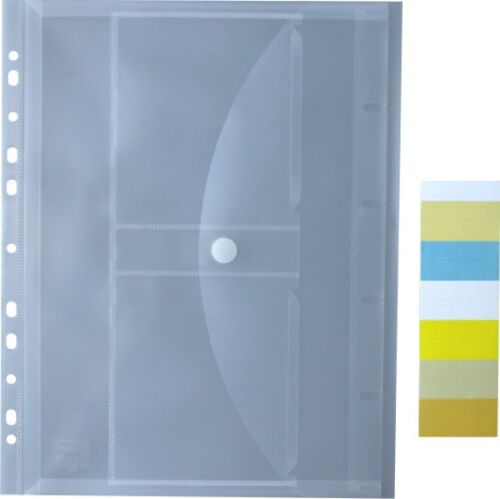 Dokumententaschen A4 quer mit Klettverschluss, Abheftrand, 2 CD-Taschen, 20mm Füllhöhe transparent klar, aus PP - 5 Stück
