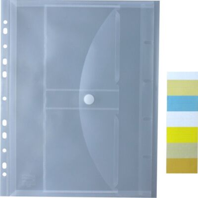 Document pockets A4 landscape with Velcro fastener, filing edge, 2 CD pockets, 20mm filling height, transparent, made of PP - 5 pieces