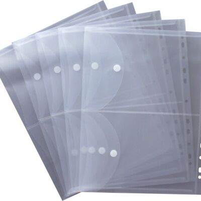 2 document pockets A5 to A4 landscape transparent clear - document folder for filing with EURO perforation, filing edge, flap and Velcro fastener - 5 pieces