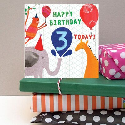 Age Three Happy Birthday - Square Greeting Card