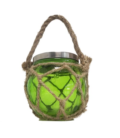 Green glass LED lanterns with solar panel and rope