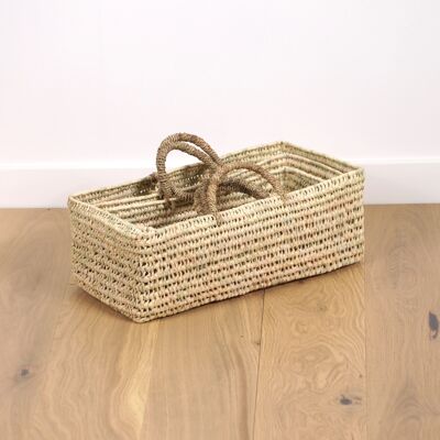 Rectangular basket with palm leaf handles