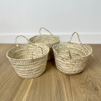 Small woven palm leaf basket with handles