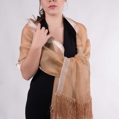 Natural Silk Organza Shawl with Trim and Fringes