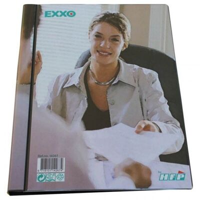 Livre de présentation / chemise transparente / livre transparent EXXO by HFP, A4, en PP, avec couvertures transparentes soudées et ouvertes, avec une poche extérieure transparente et une poche intérieure sur la couverture avant, couleur : noir - 1 pièce