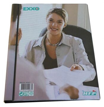 Livre de présentation / chemise transparente / livre transparent EXXO by HFP, A4, en PP, avec couvertures transparentes soudées et ouvertes, avec une poche extérieure transparente et une poche intérieure sur la couverture avant, couleur : noir - 1 pièce