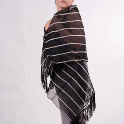 Striped and Fringed Natural Silk Shawl