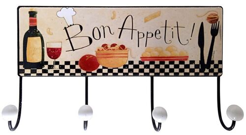 Metal wall hanger of 4 places with the wish "BON APPETIT". Dimension: 30x2x18cm