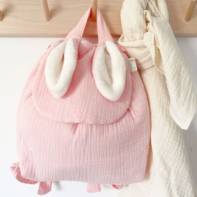 Children's backpack with rabbit ears and blush pink double gauze