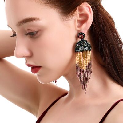 Color Block Vintage Ethnic Beads Tassel Earrings